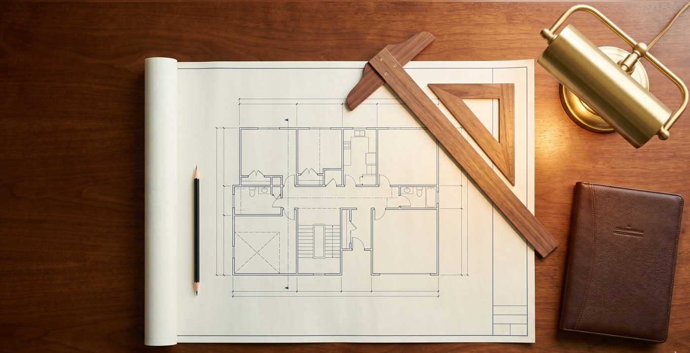 Overhead view of an architectural blueprint with drafting tools on a walnut desk — the structural planning that precedes any well-built entity.