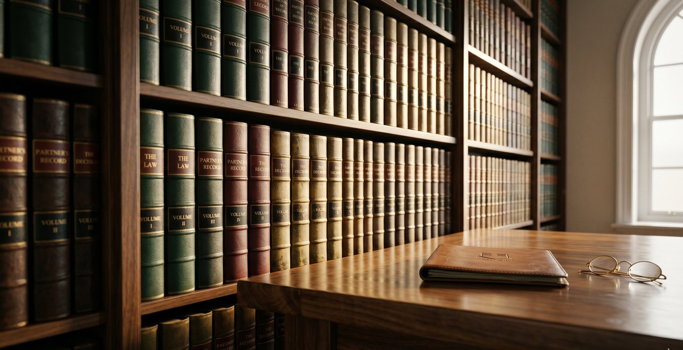 A private library of leather-bound legal volumes in soft window light, a walnut table corner in the foreground.