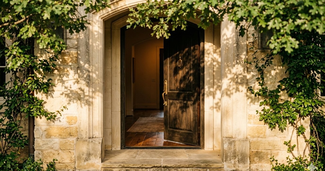 A traditional limestone doorway opening into a warmly lit interior, framed by climbing foliage.