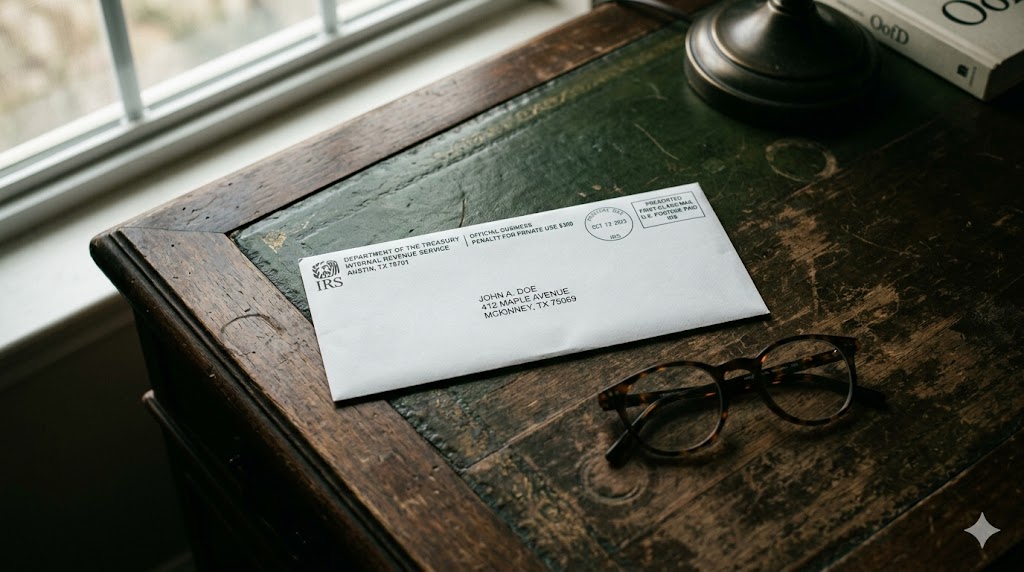 An unopened IRS envelope rests on a dark wooden desk beside reading glasses. Window light from the upper left.