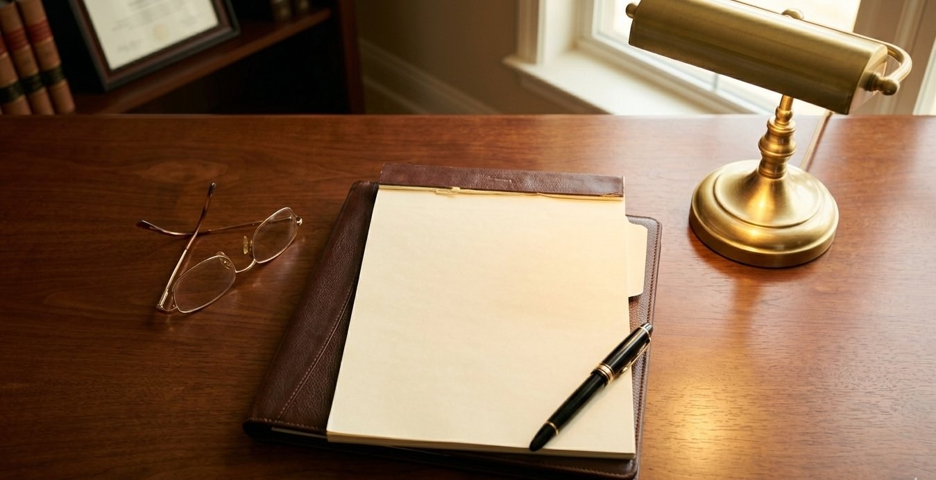 A leather portfolio open to a blank legal pad on a walnut desk, reading glasses and a fountain pen beside it, brass lamp throwing warm light — the quiet moment of careful reading.