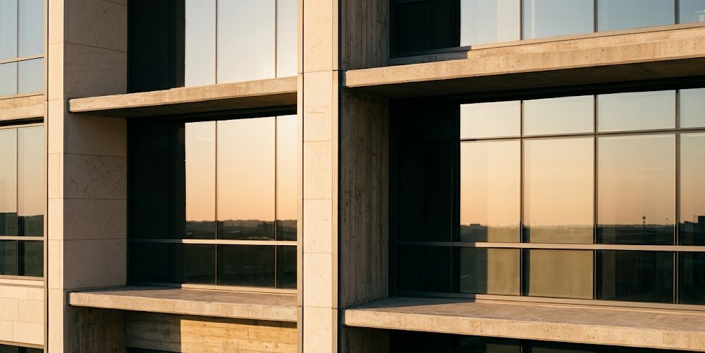 Travertine and glass commercial building facade in late-afternoon light, sunset reflected in the windows.