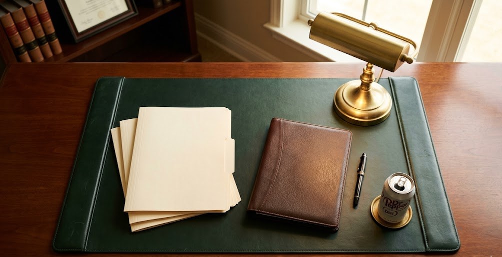 An attorney's desk in warm late-afternoon light — green leather blotter, manila folders neatly stacked, leather portfolio, fountain pen, brass lamp.
